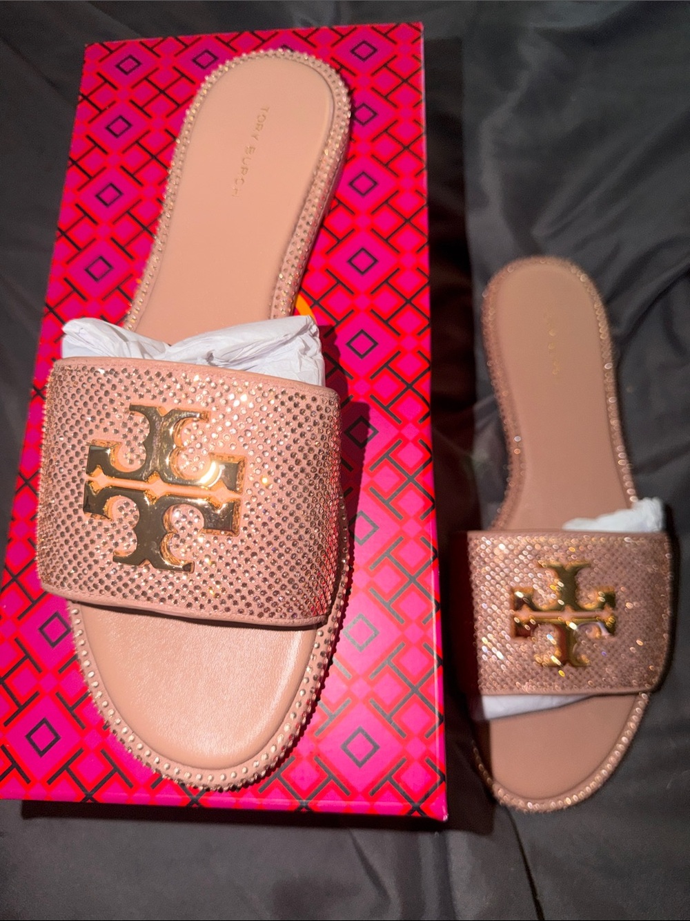 Tory Burch Rose Gold Crystal Logo Slide Sandals